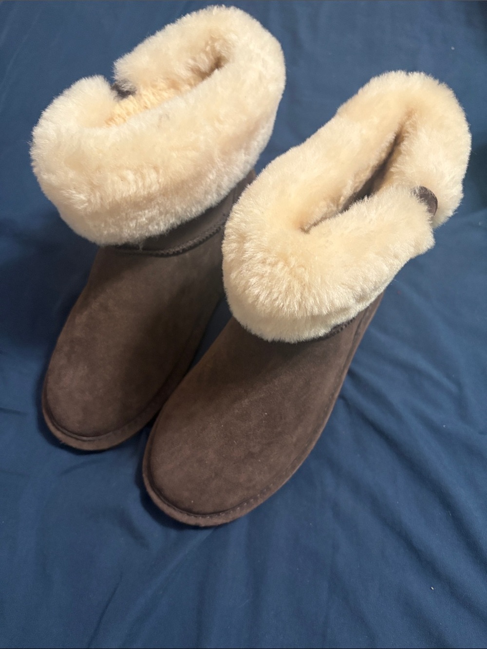 BearPaw Brown Suede Slipper Boots with Cream Shearling Cuff
